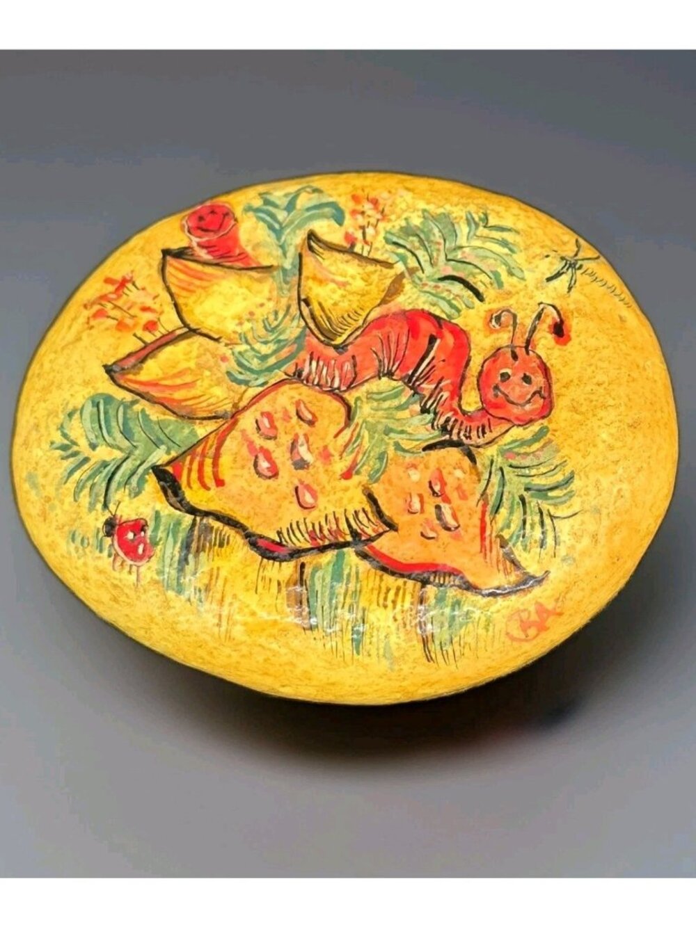 OOAK Handpainted Rock Paperweight With Inch Worm & Mushrooms Kitsch Whimsical